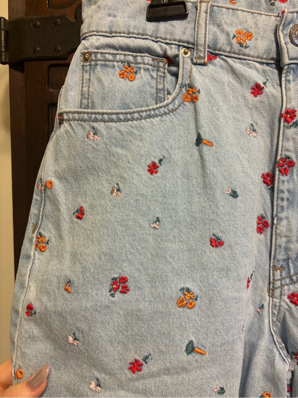 BDG Light Blue Denim Bootcut Jeans with Red & Orange Floral Embroidery - Picture 3 of 6
